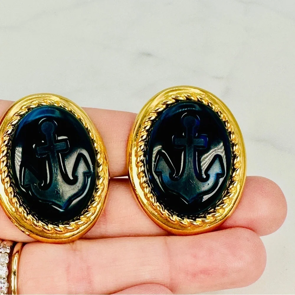 Vintage Trifari Blue Anchor Earrings Clip On Blue Gold Large Signed Statement